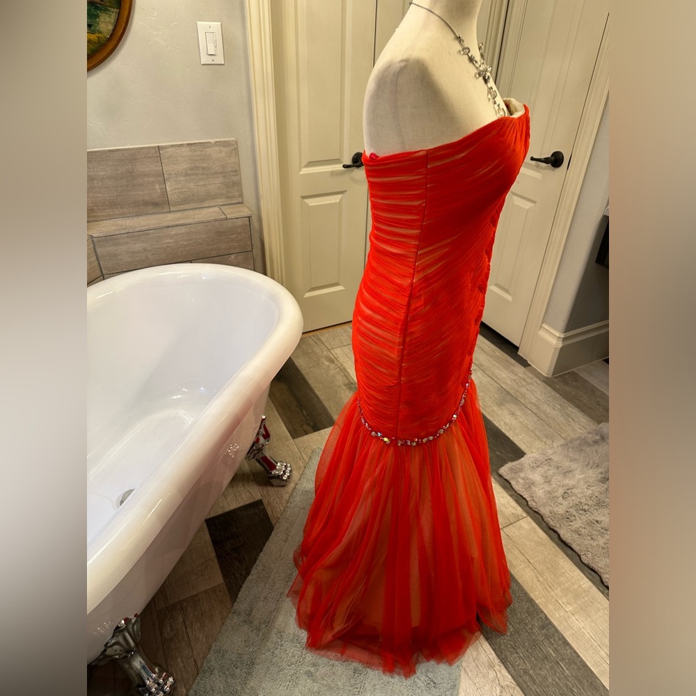 Like New La Femme Orange Sexy Red Strapless Rhinestone Gauze Chic Dress 2 - Picture 10 of 16